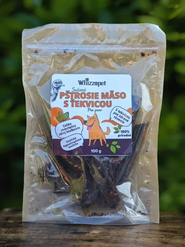 Sušené pštrosie mäso s tekvicou – maškrta pre psov